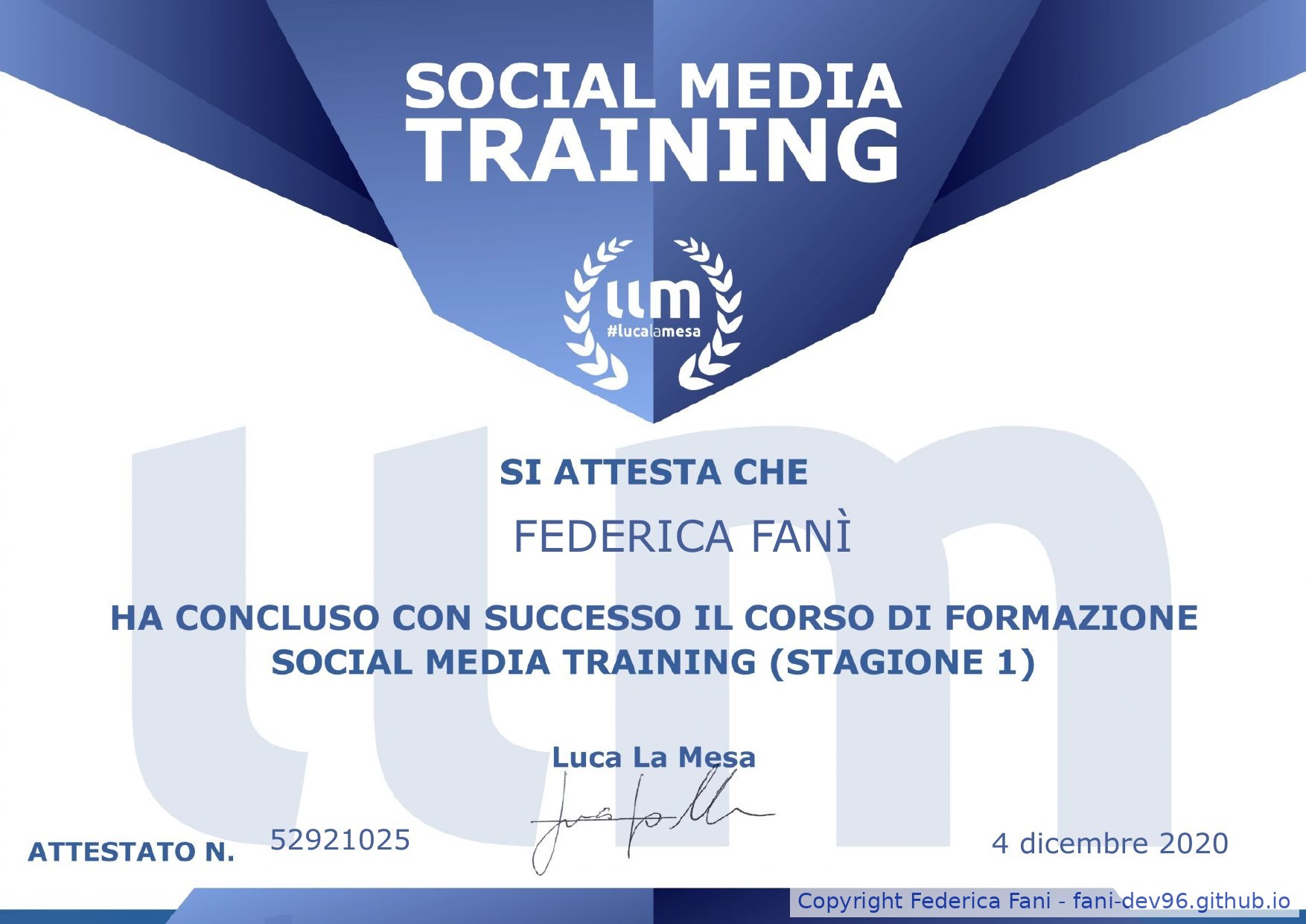 Attestato Social Media Training Stagione 1