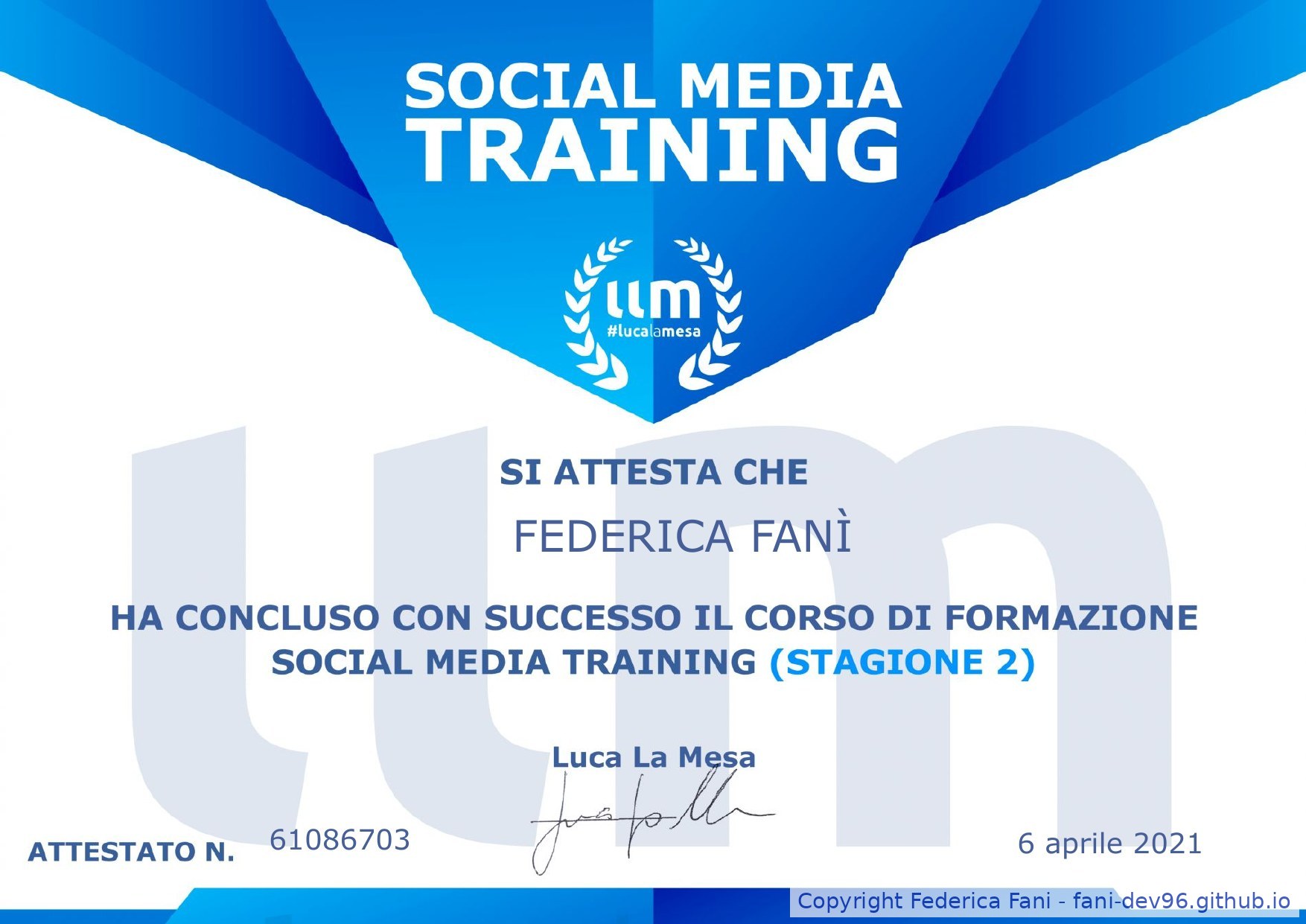 Attestato Social Media Training Stagione 2
