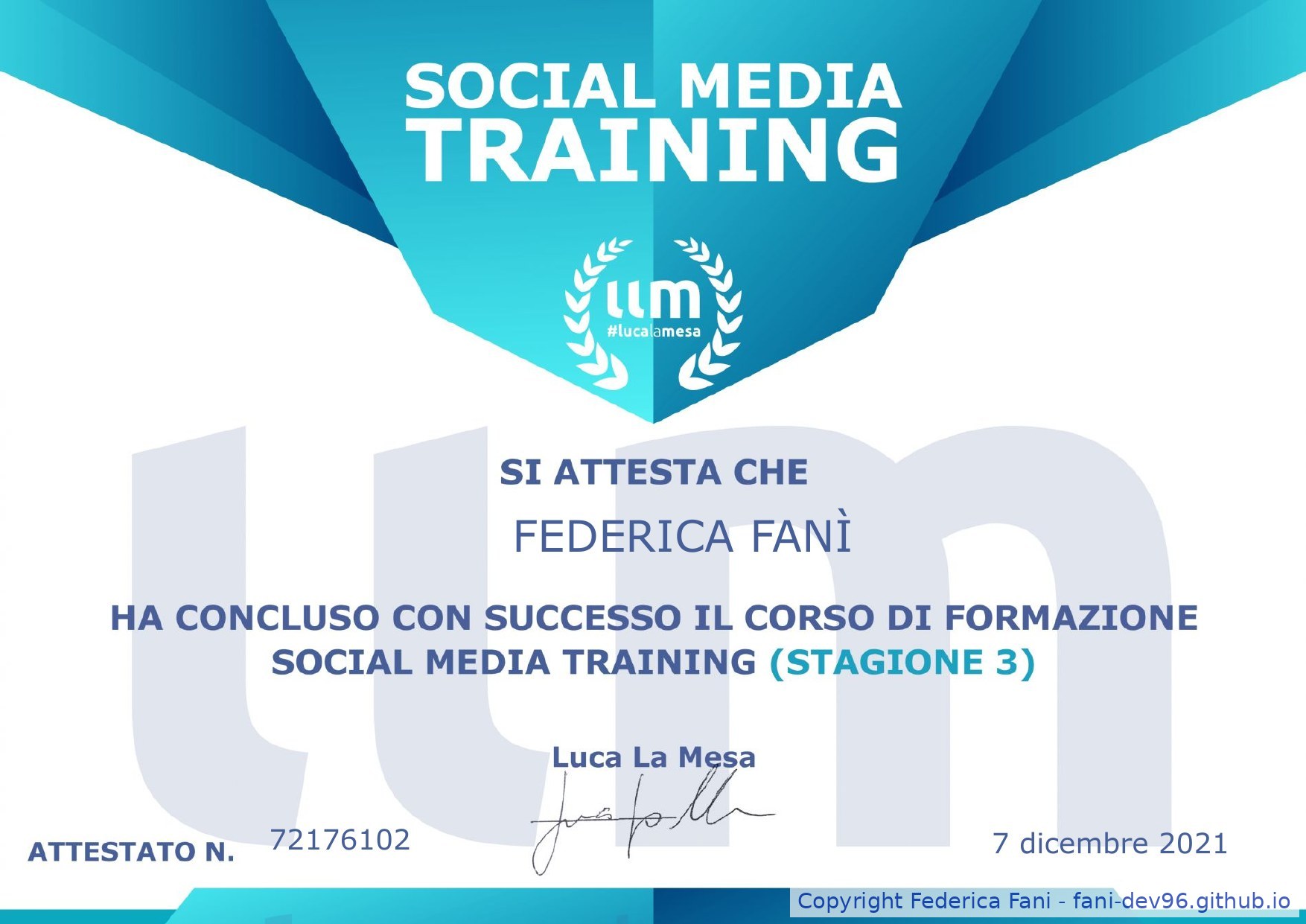 Attestato Social Media Training Stagione 3